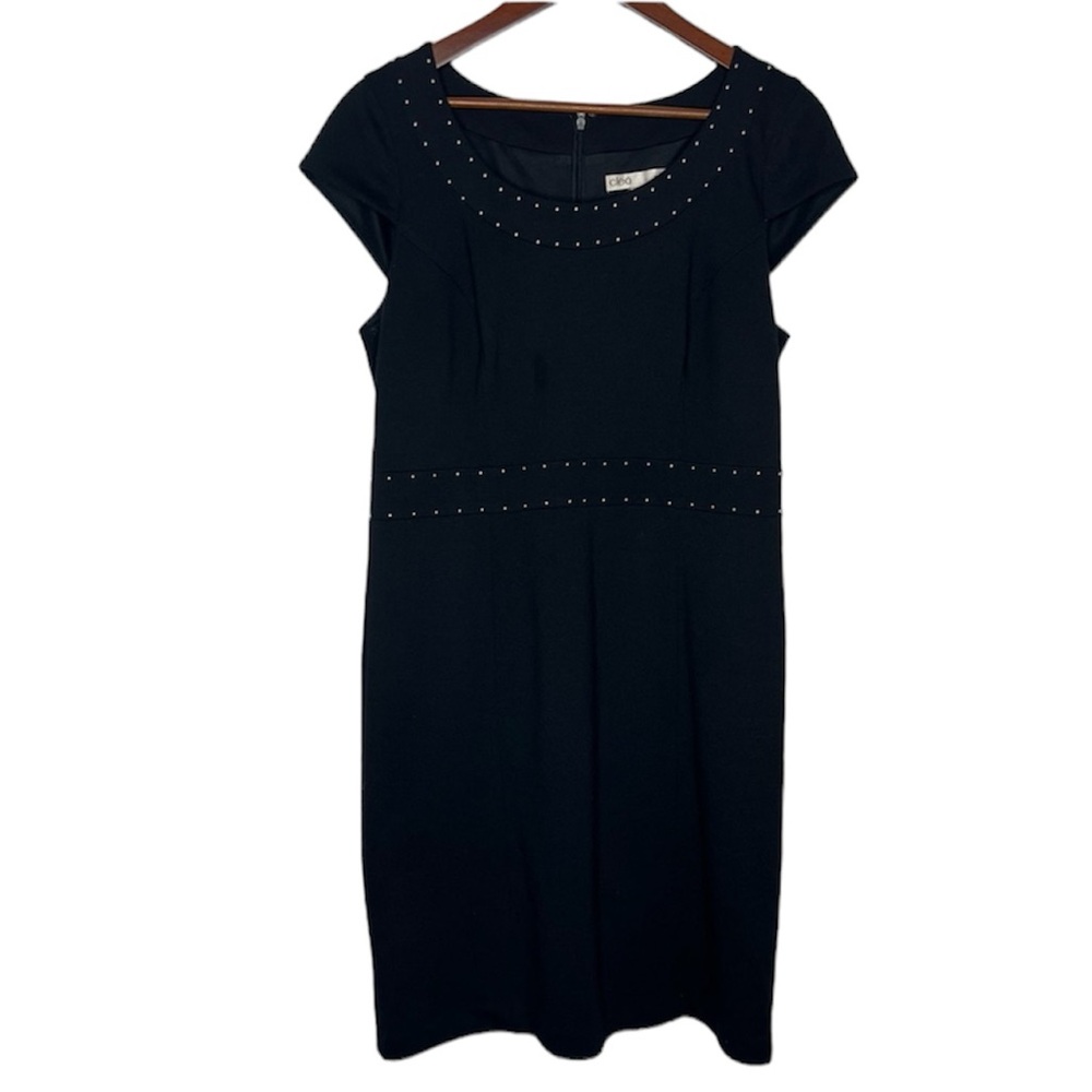 Cleo midi black studded office dress capped short sleeve size 10 petite stretch